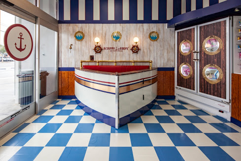 Boat-shaped counter inside the Scoops Ahoy store