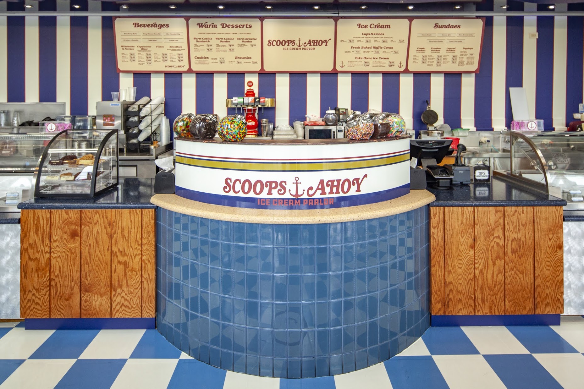 Scoops Ahoy ice cream counter and menu