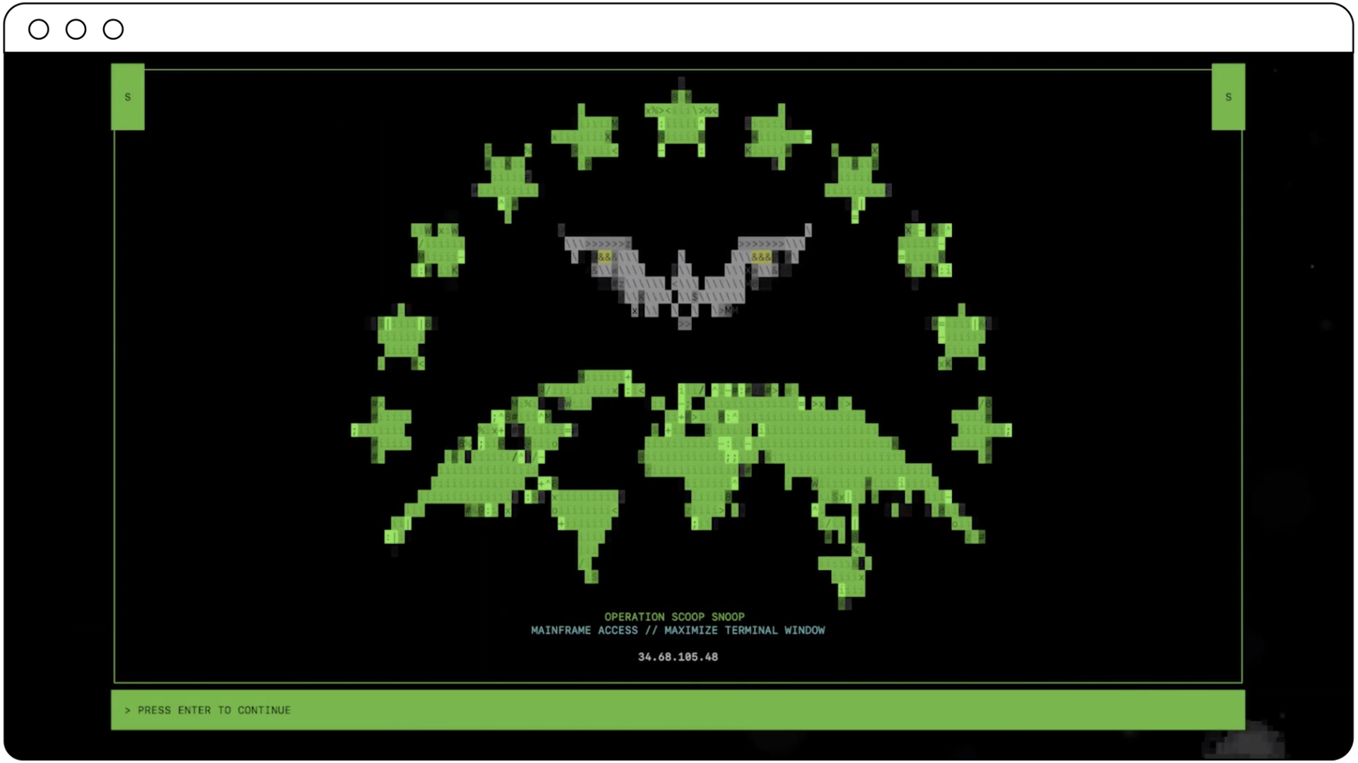 Operation Scoop Snoop ASCII terminal welcome screen